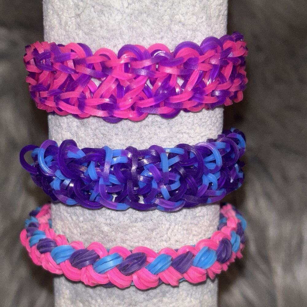 Set Of 3 Rainbow Loom Rubber Band Bracelets Handmade Pink Blue Jewelry Fun